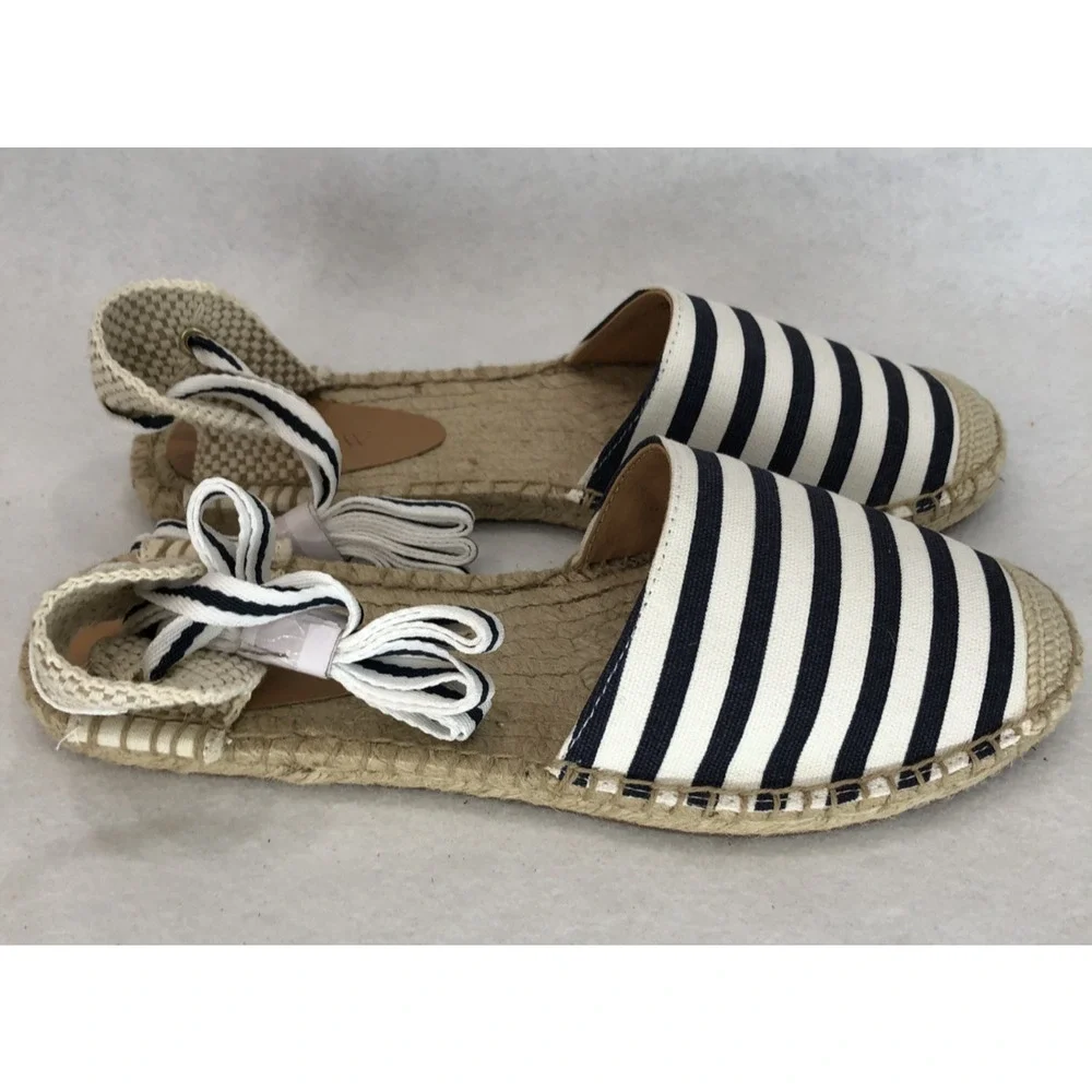 J. Crew Womens Sz 8.5 Striped Espadrille Flats w/Ankle Ties Boho Summer Sandals - Picture 4 of 9